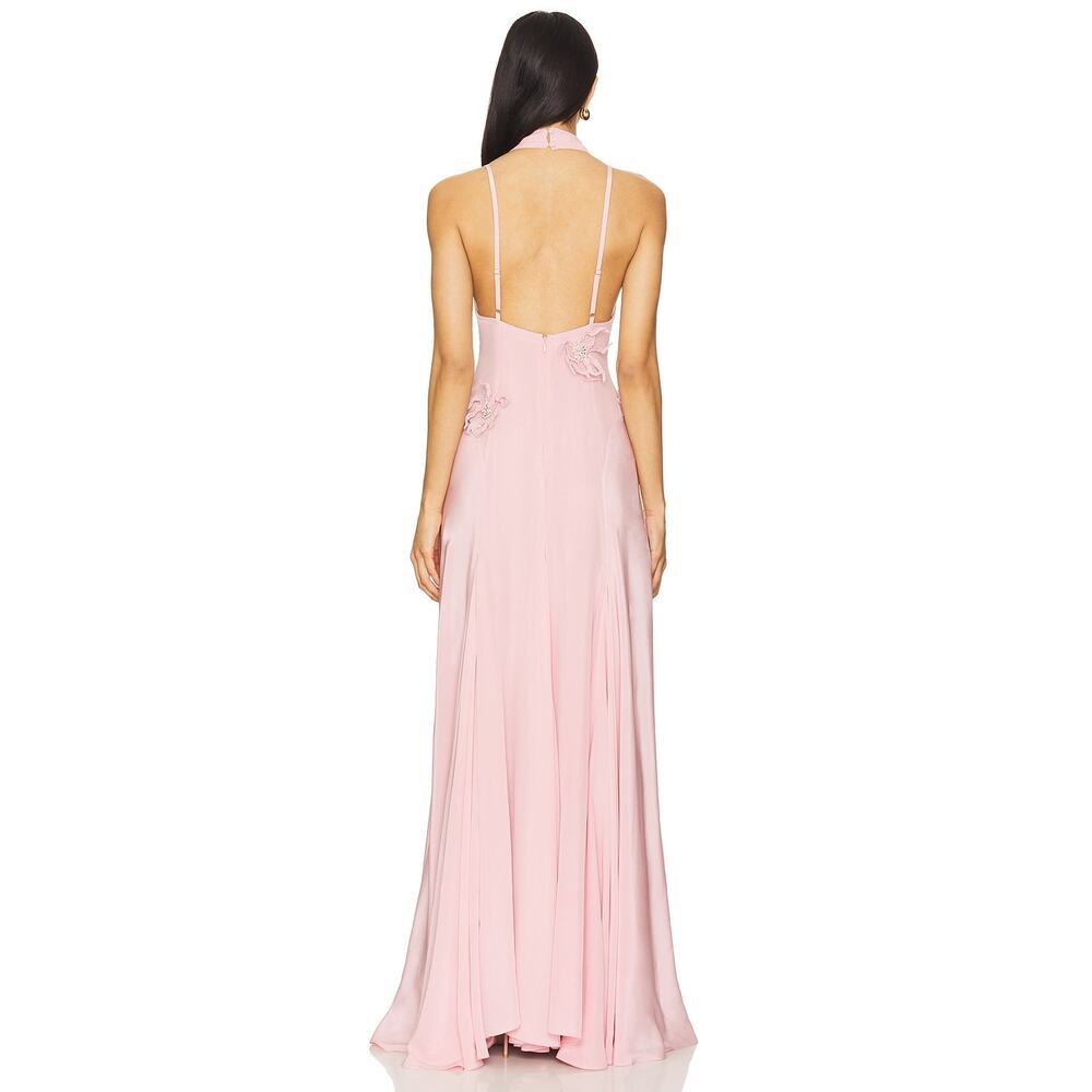 La Fuori 3D Floral Applique Ostrich Feather Pink Silk Backless Dress NWT $780 S - Picture 4 of 8
